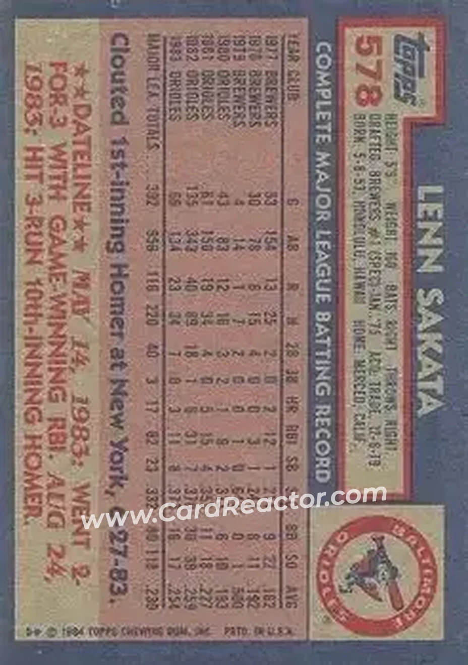 1984 Topps #578 - Lenn Sakata - Baltimore Orioles - Back