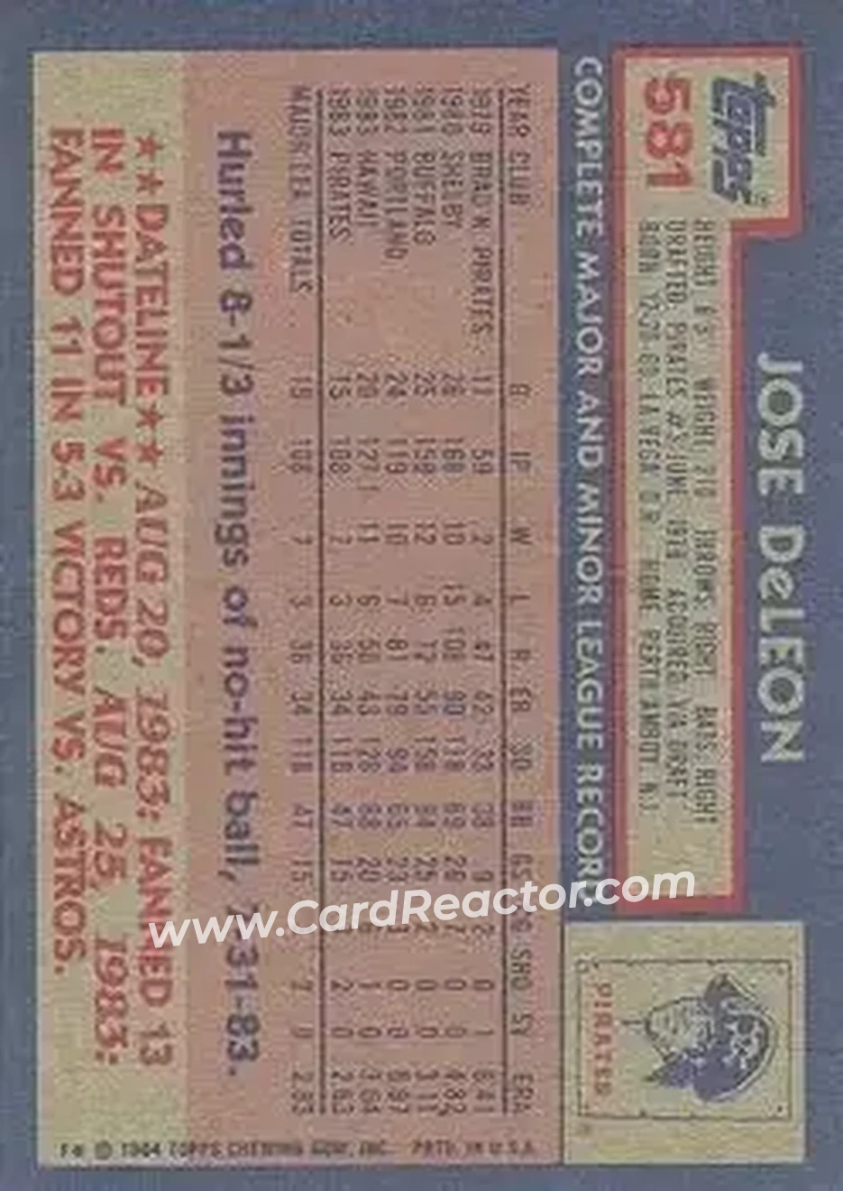 1984 Topps #581 - Jose DeLeon - Pittsburgh Pirates - Back