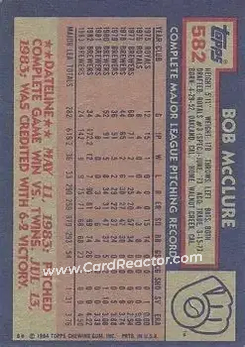 1984 Topps #582 - Bob McClure - Milwaukee Brewers - Back