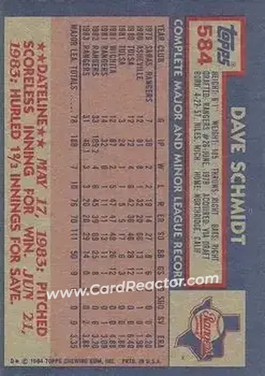 1984 Topps #584 - Dave Schmidt - Texas Rangers - Back 1984 Topps #584 - Dave Schmidt - Texas Rangers - Back