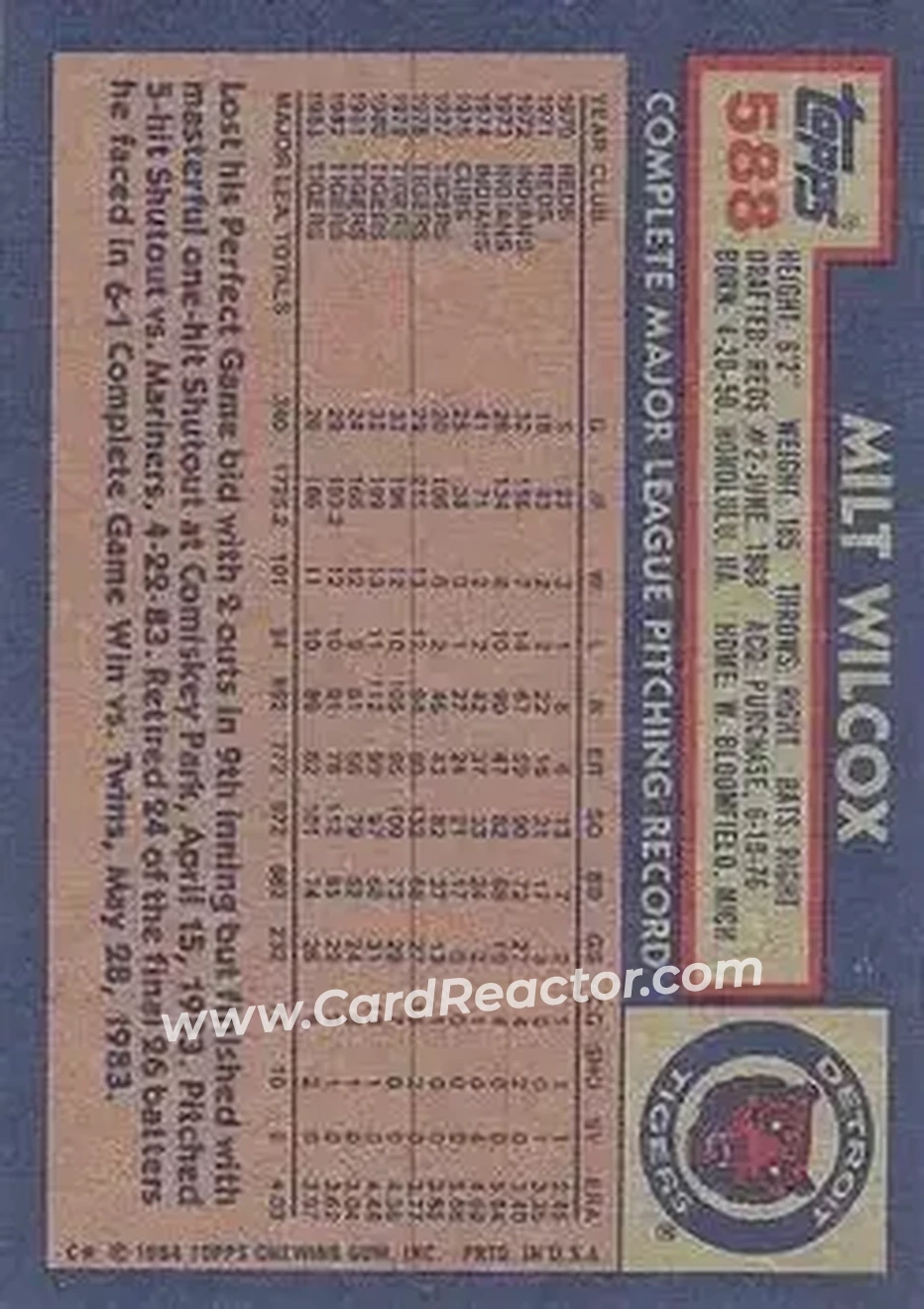 1984 Topps #588 - Milt Wilcox - Detroit Tigers - Back