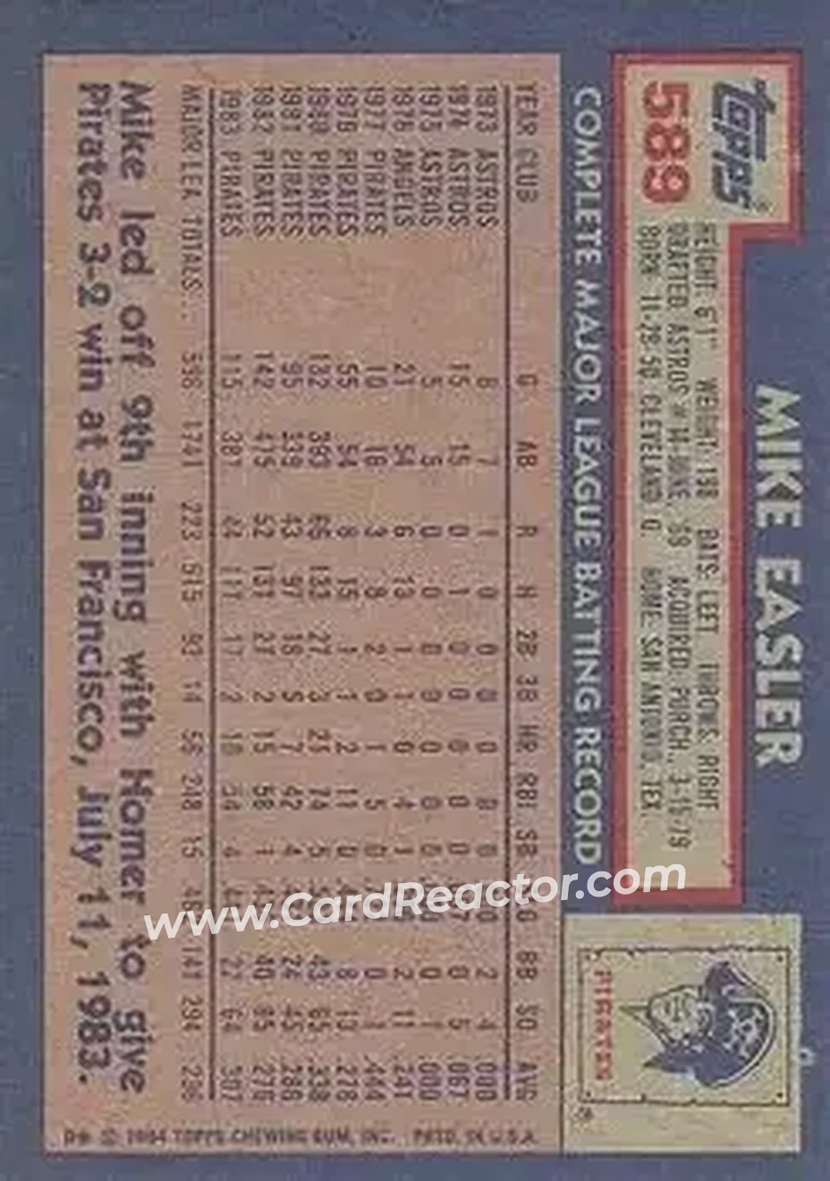 1984 Topps #589 - Mike Easler - Pittsburgh Pirates - Back