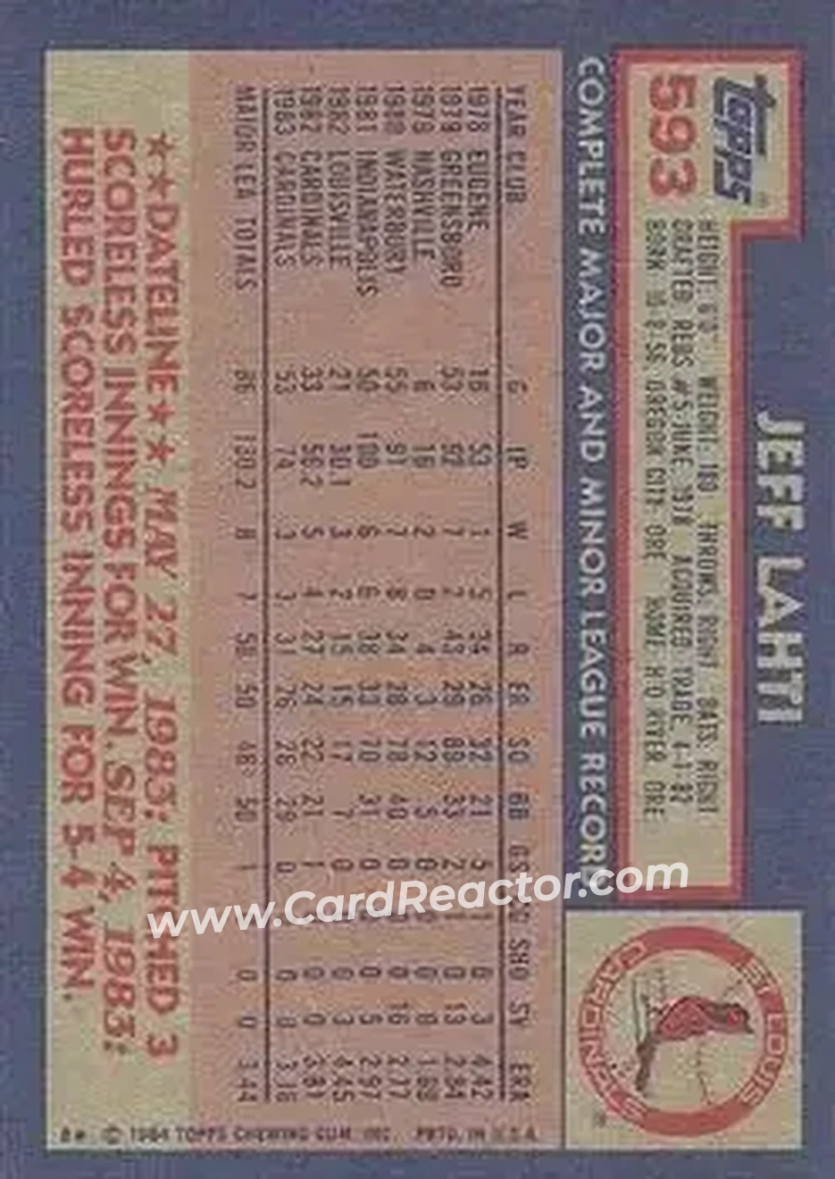 1984 Topps #593 - Jeff Lahti - St. Louis Cardinals - Back