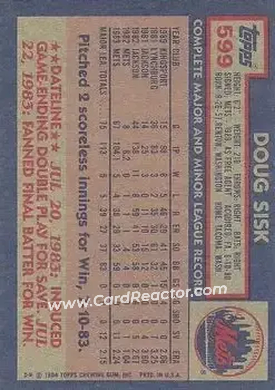 1984 Topps #599 - Doug Sisk - New York Mets - Back 1984 Topps #599 - Doug Sisk - New York Mets - Back