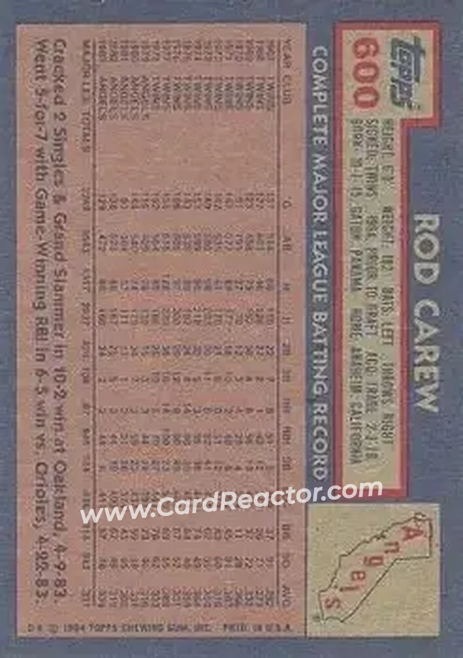 1984 Topps #600 - Rod Carew - California Angels - Back