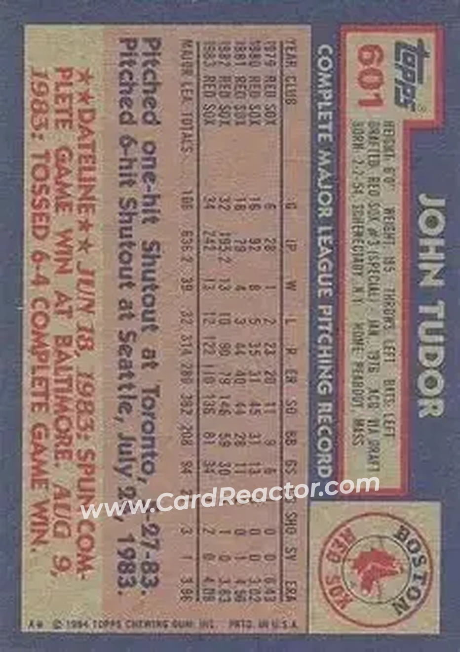 1984 Topps #601 - John Tudor - Boston Red Sox - Back 1984 Topps #601 - John Tudor - Boston Red Sox - Back