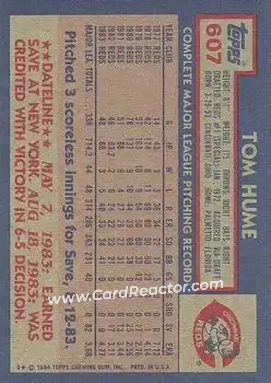 1984 Topps #607 - Tom Hume - Cincinnati Reds - Back