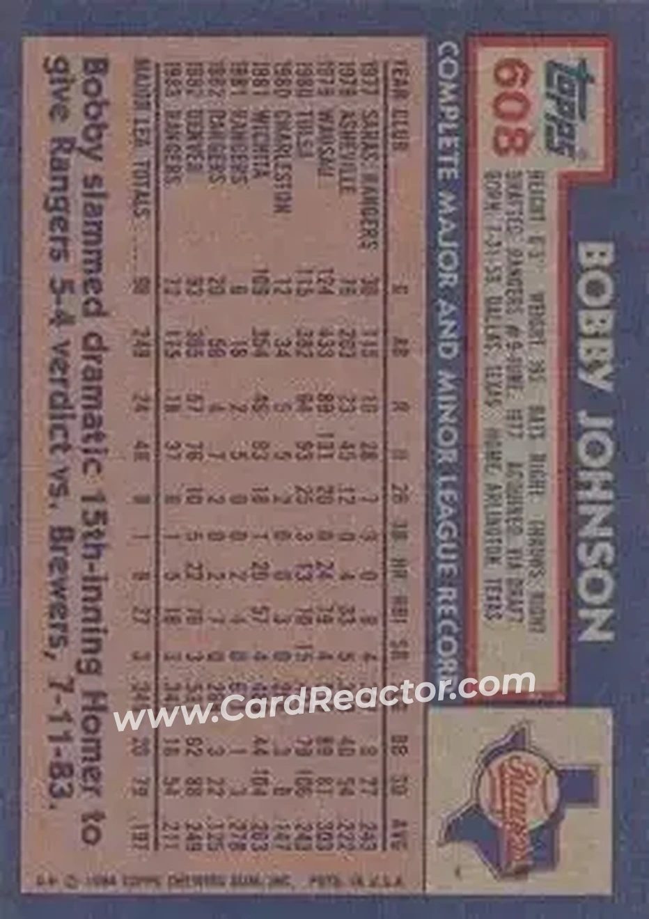 1984 Topps #608 - Bobby Johnson - Texas Rangers - Back