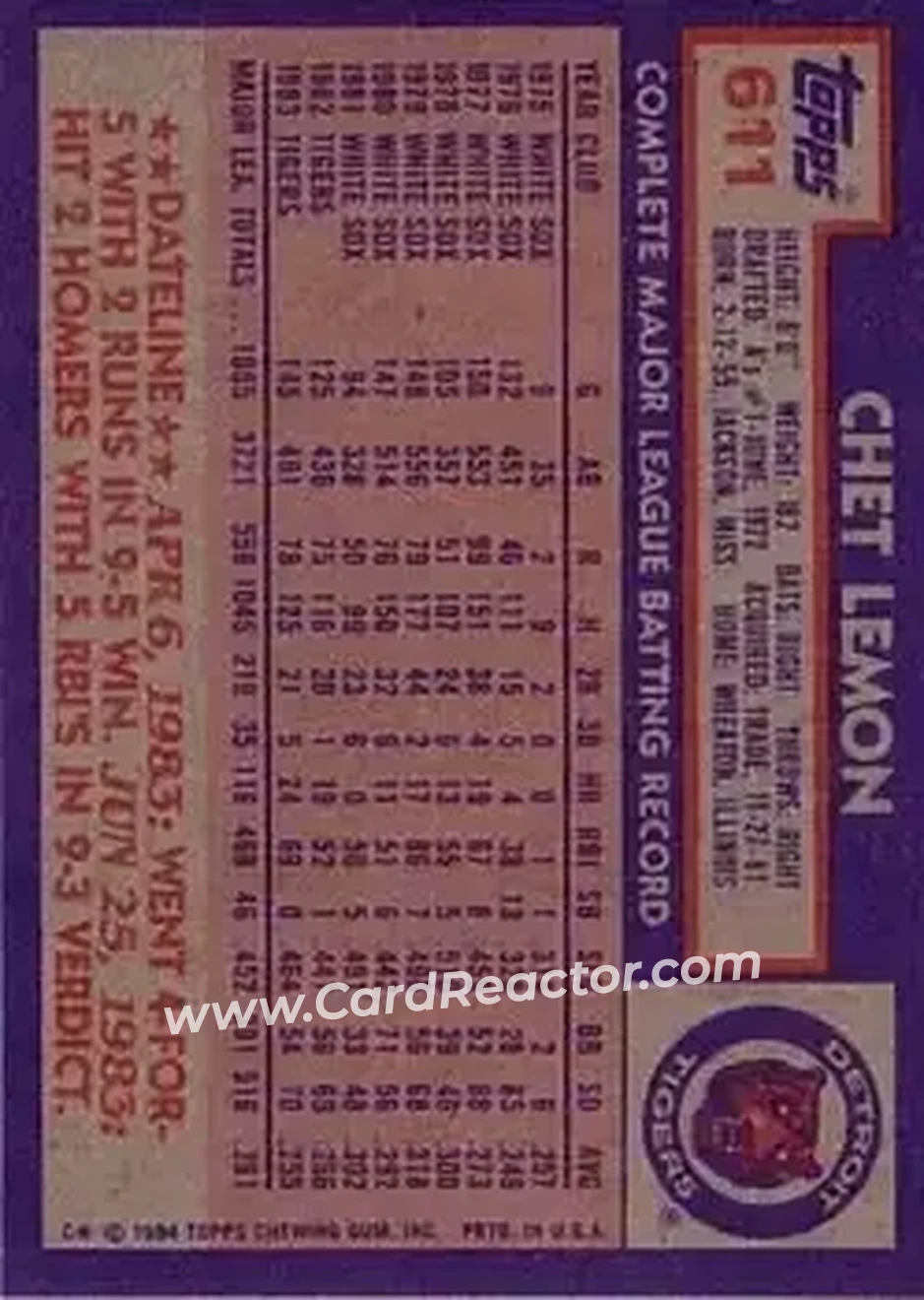 1984 Topps #611 - Chet Lemon - Detroit Tigers - Back