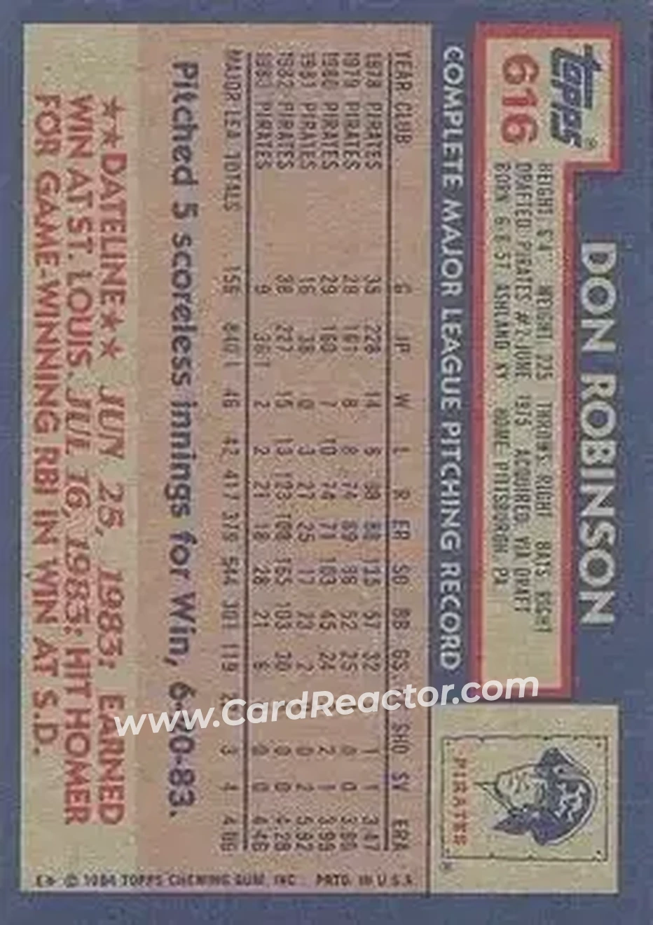 1984 Topps #616 - Don Robinson - Pittsburgh Pirates - Back