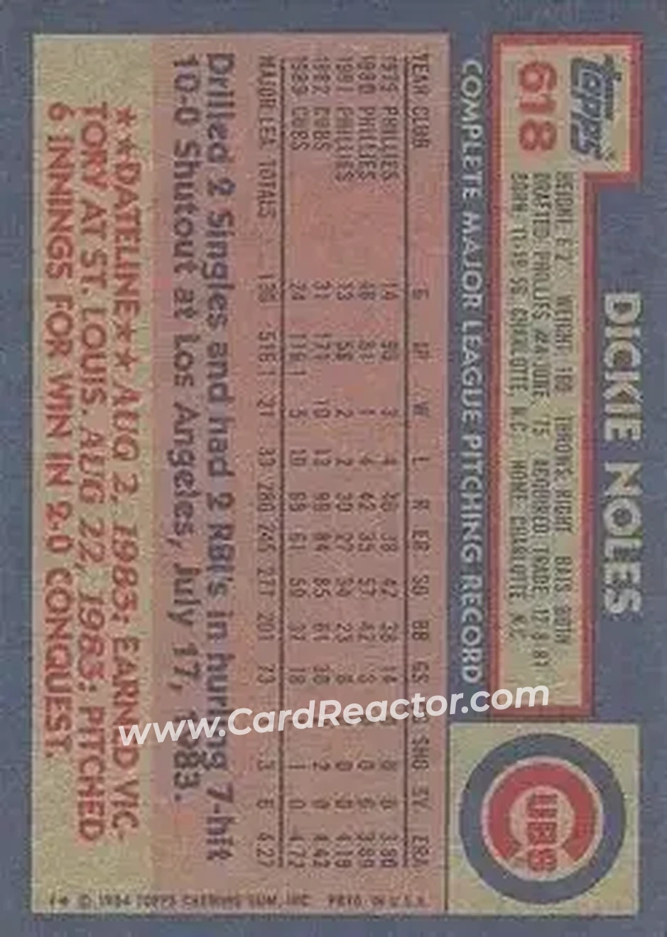 1984 Topps #618 - Dickie Noles - Chicago Cubs - Back