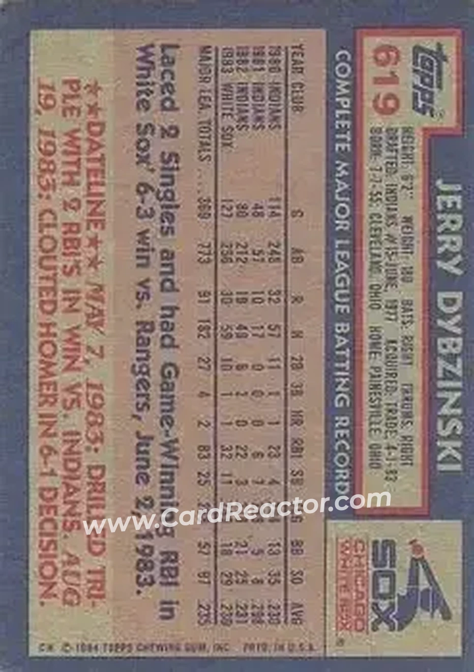 1984 Topps #619 - Jerry Dybzinski - Chicago White Sox - Back