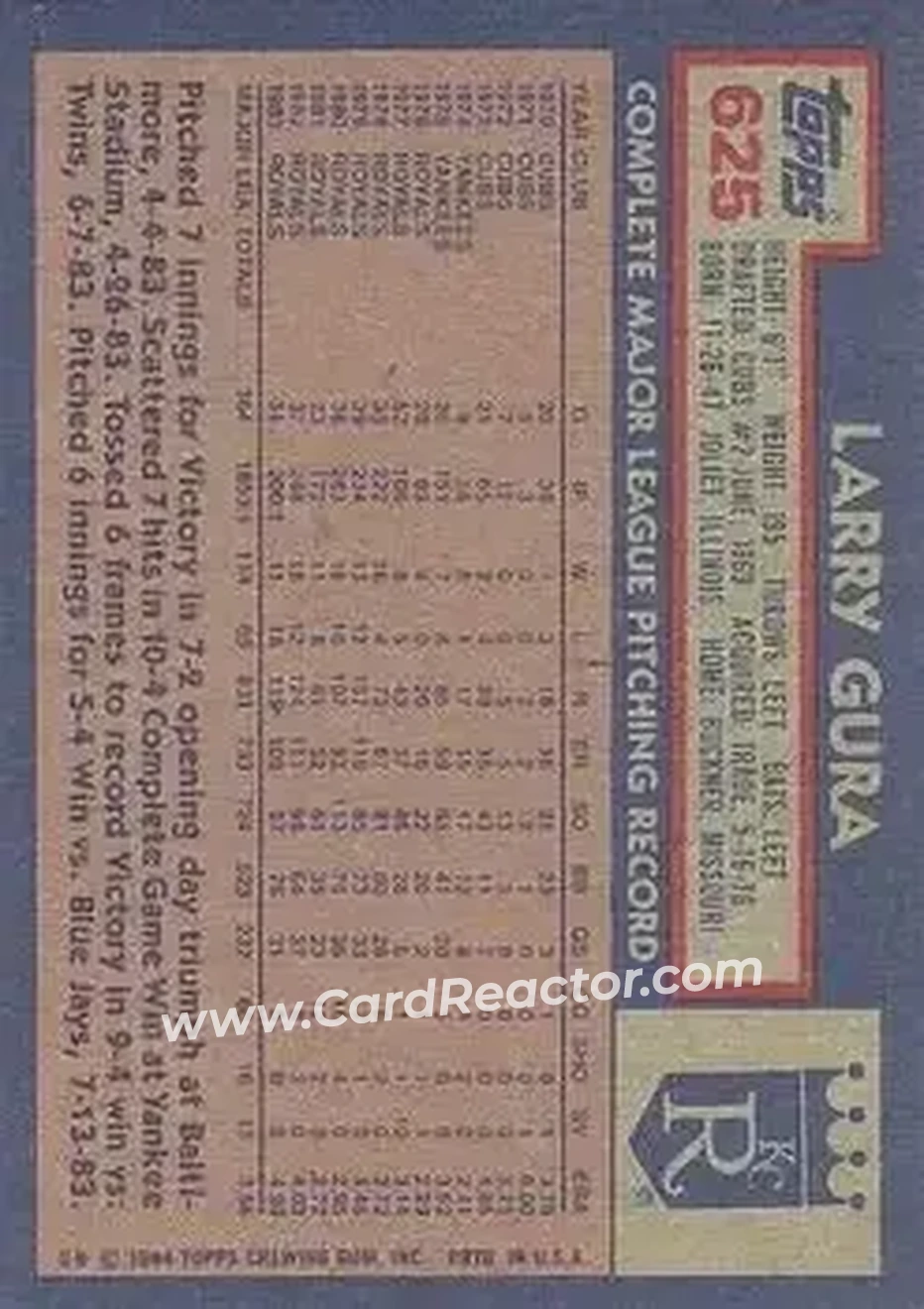 1984 Topps #625 - Larry Gura - Kansas City Royals - Back