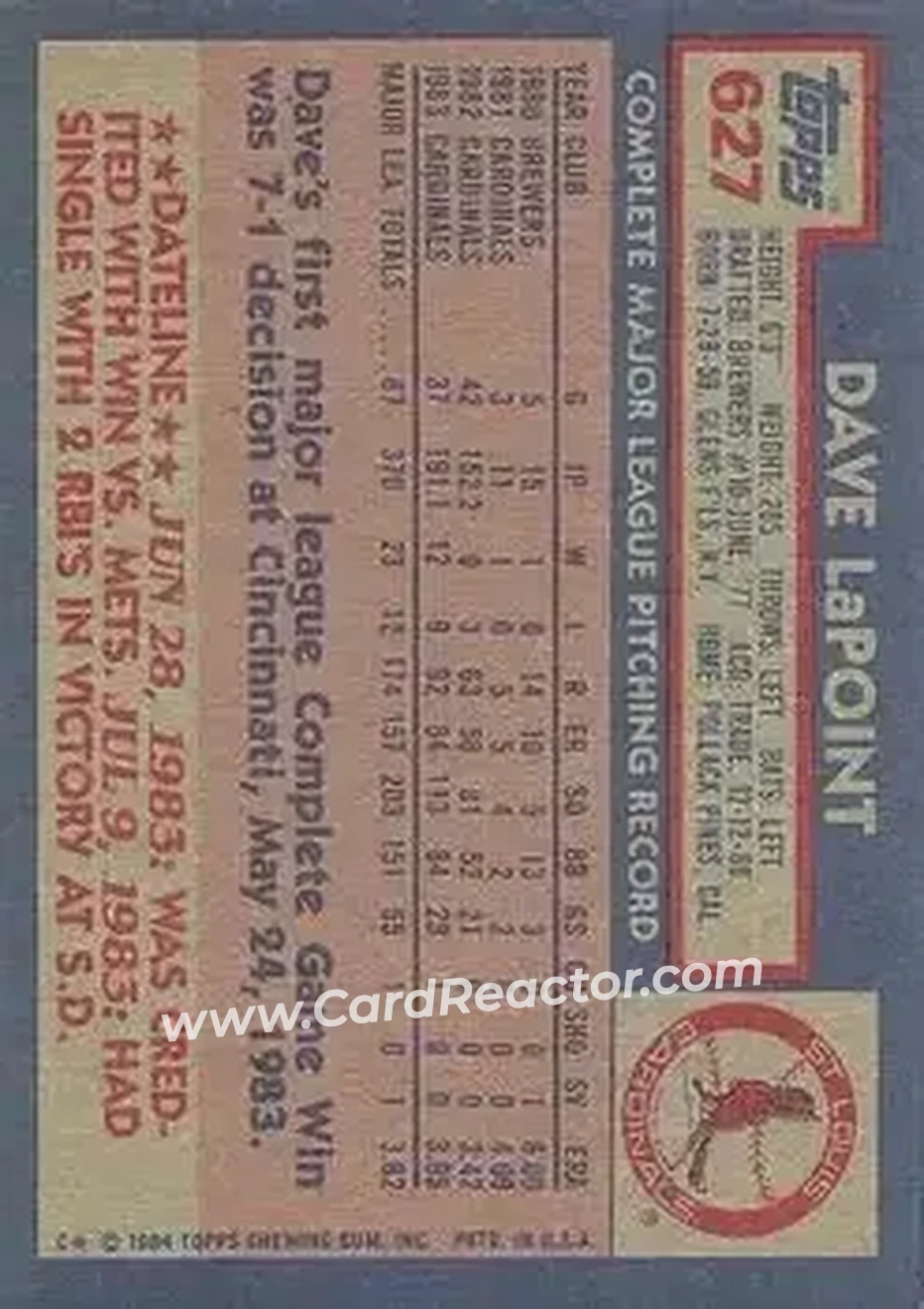 1984 Topps #627 - Dave LaPoint - St. Louis Cardinals - Back