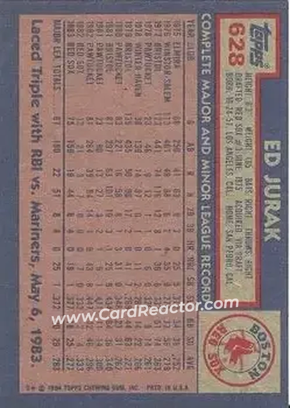 1984 Topps #628 - Ed Jurak - Boston Red Sox - Back