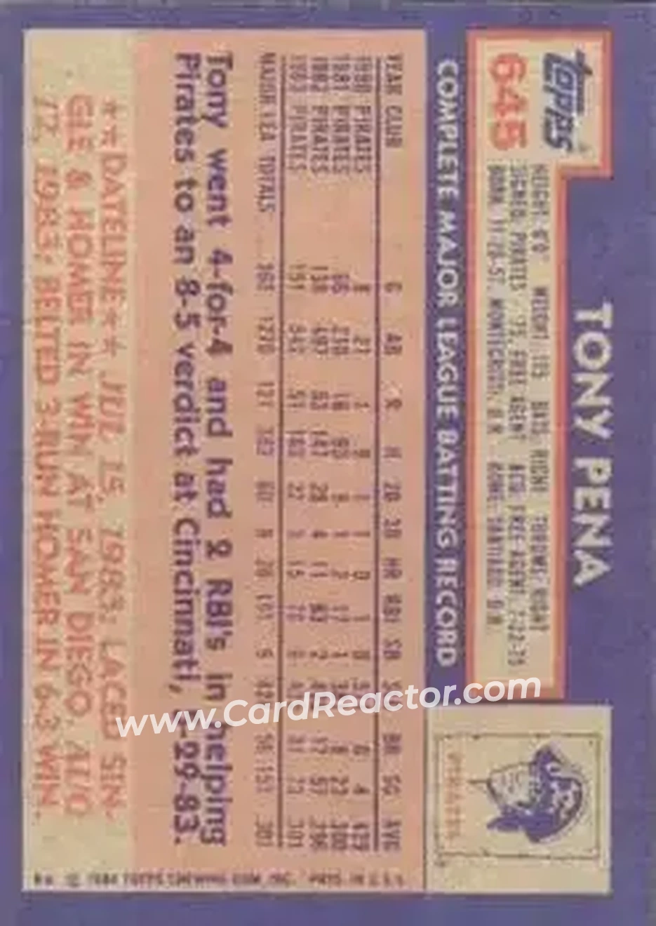 1984 Topps #645 - Tony Pena - Pittsburgh Pirates - Back 1984 Topps #645 - Tony Pena - Pittsburgh Pirates - Back