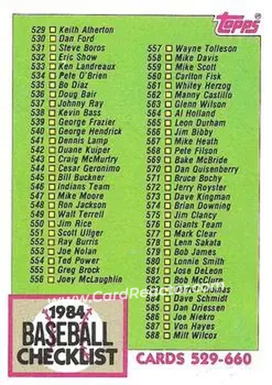 1984 Topps #646 - Checklist: 529-660 CL - Front