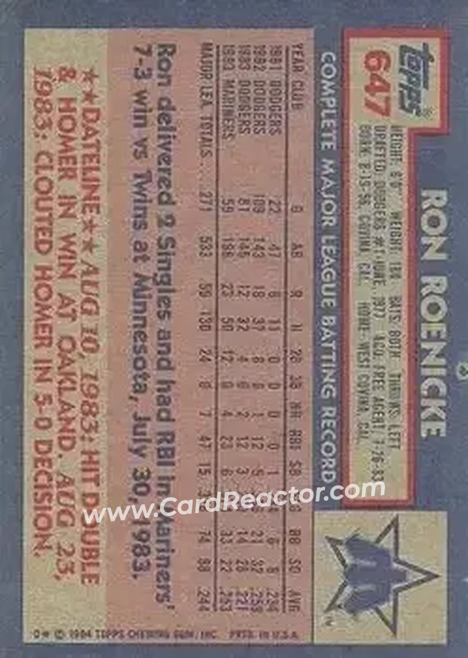 1984 Topps #647 - Ron Roenicke - Seattle Mariners - Back