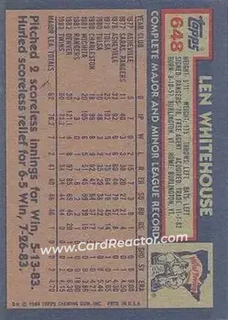 1984 Topps #648 - Len Whitehouse - Minnesota Twins - Back