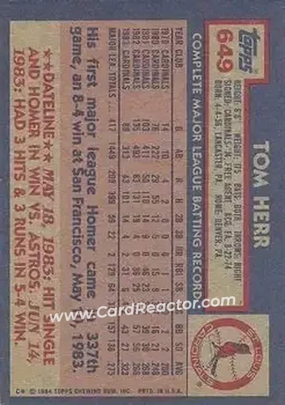 1984 Topps #649 - Tom Herr - St. Louis Cardinals - Back 1984 Topps #649 - Tom Herr - St. Louis Cardinals - Back