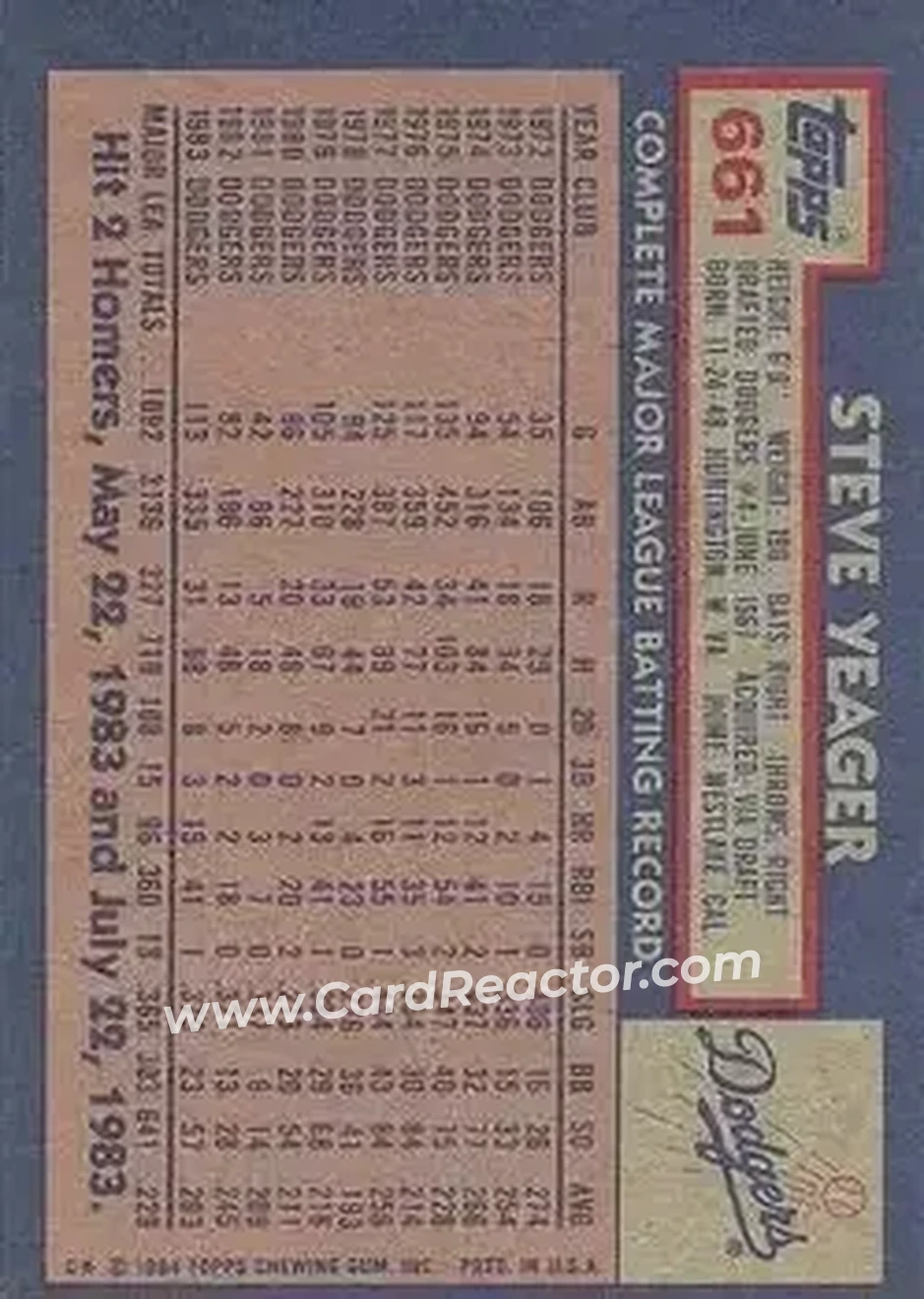 1984 Topps #661 - Steve Yeager - Los Angeles Dodgers - Back