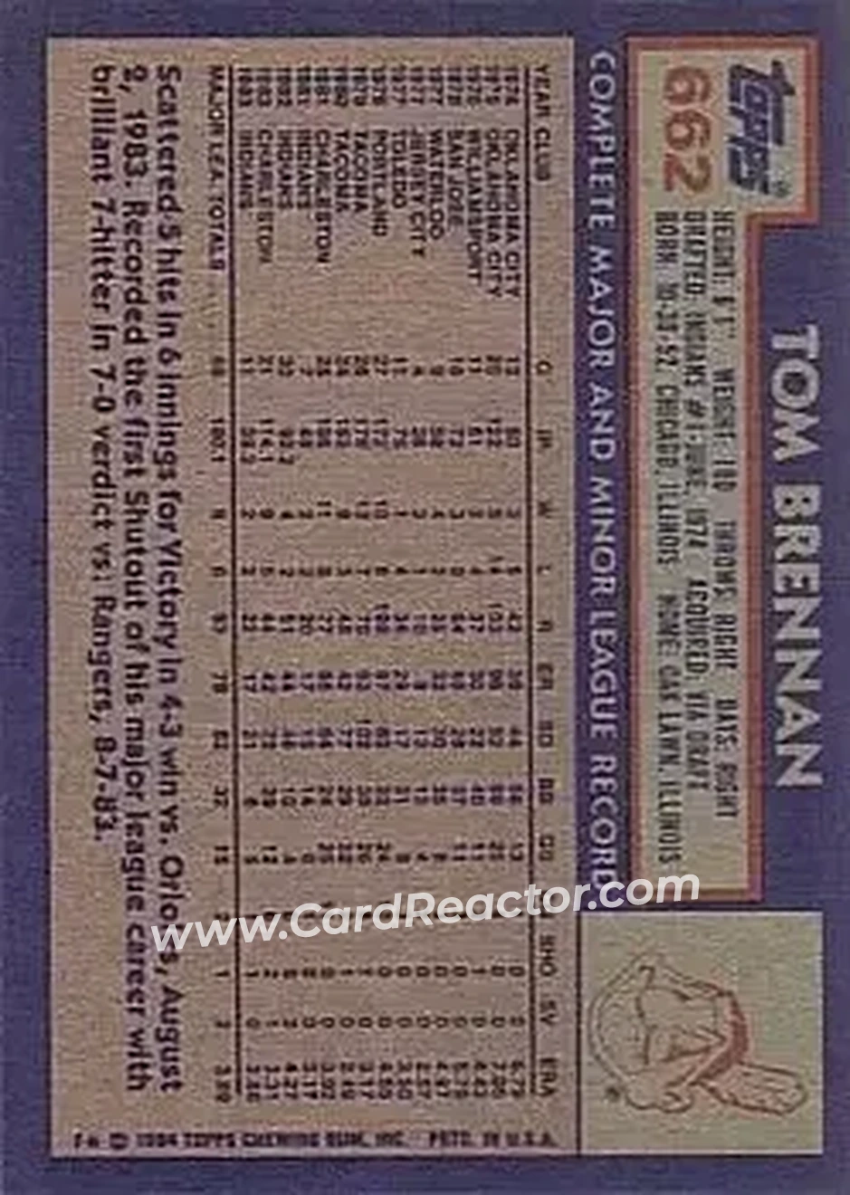 1984 Topps #662 - Tom Brennan - Cleveland Indians - Back