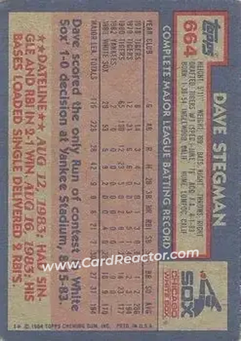 1984 Topps #664 - Dave Stegman - Chicago White Sox - Back