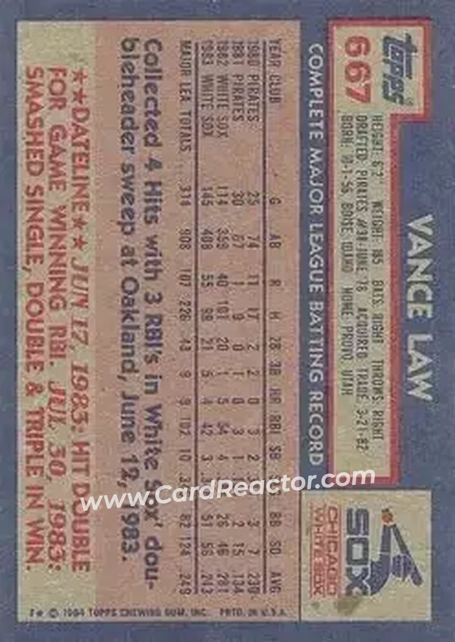 1984 Topps #667 - Vance Law - Chicago White Sox - Back