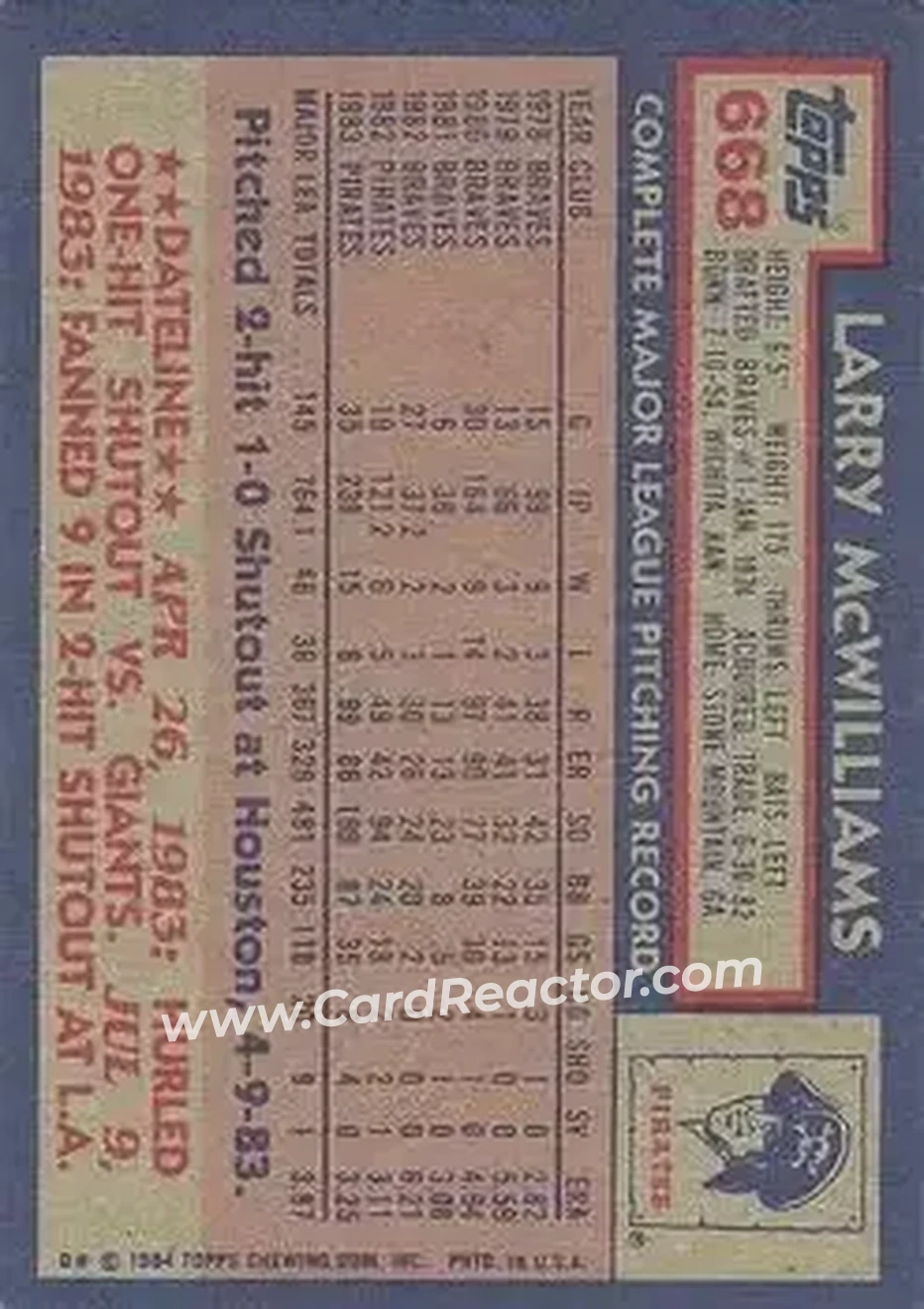 1984 Topps #668 - Larry McWilliams - Pittsburgh Pirates - Back 1984 Topps #668 - Larry McWilliams - Pittsburgh Pirates - Back