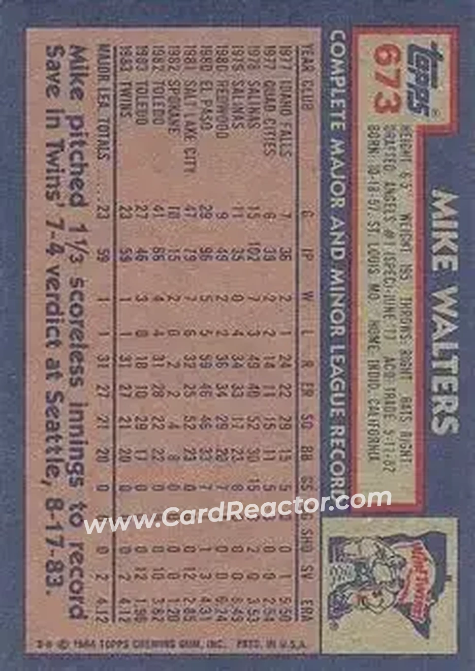 1984 Topps #673 - Mike Walters - Minnesota Twins - Back
