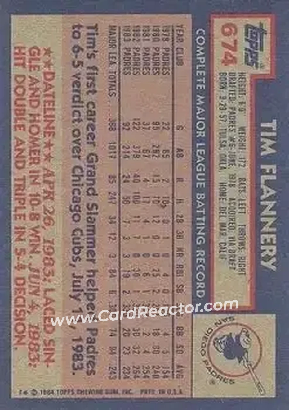 1984 Topps #674 - Tim Flannery - San Diego Padres - Back