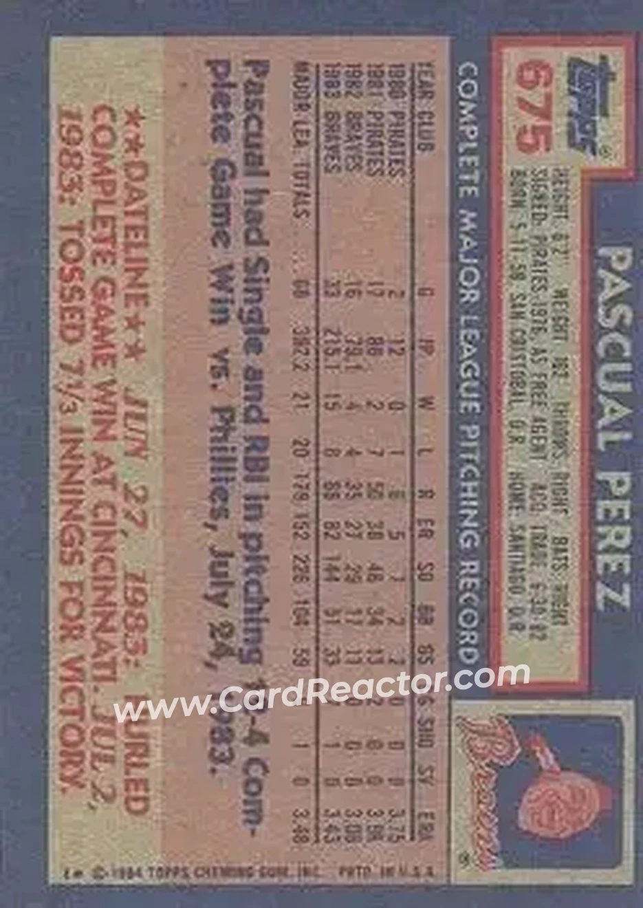1984 Topps #675 - Pascual Perez - Atlanta Braves - Back