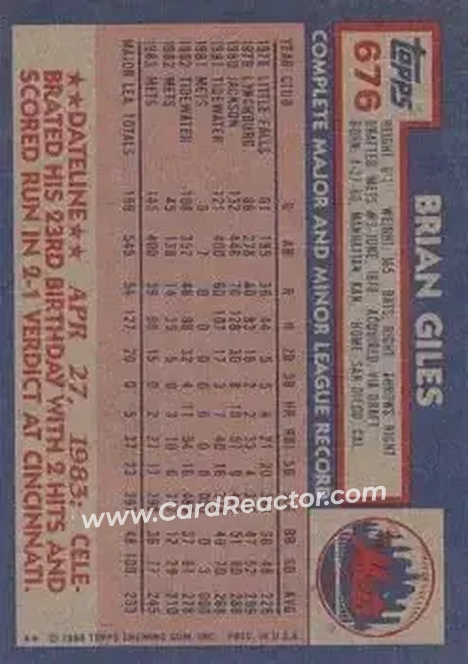 1984 Topps #676 - Brian Giles - New York Mets - Back