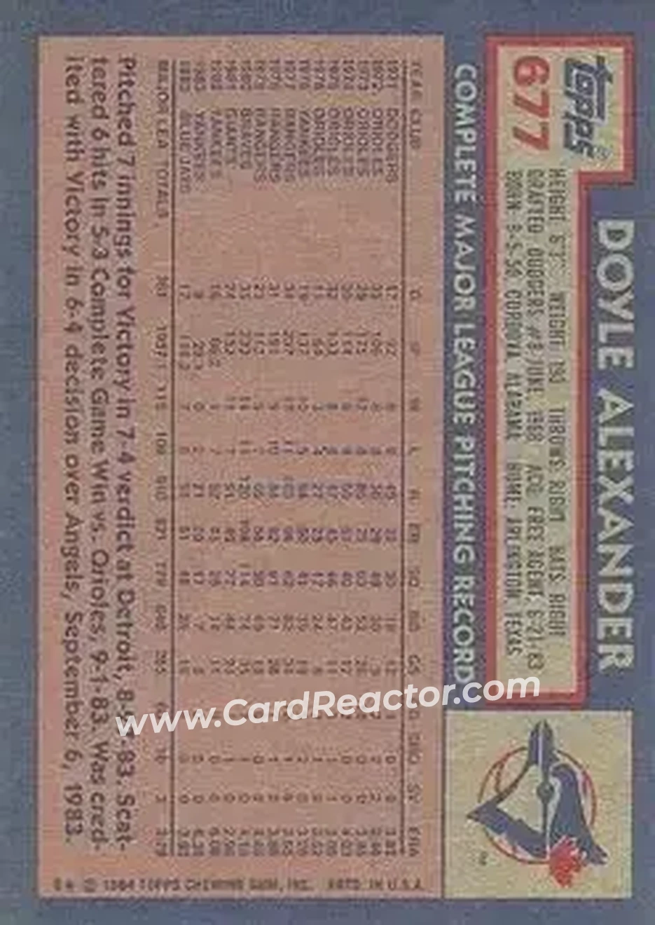 1984 Topps #677 - Doyle Alexander - Toronto Blue Jays - Back 1984 Topps #677 - Doyle Alexander - Toronto Blue Jays - Back