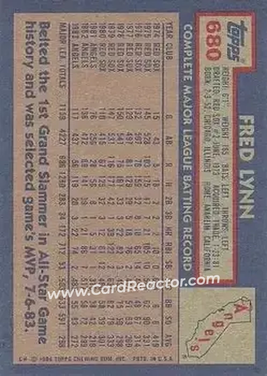 1984 Topps #680 - Fred Lynn - California Angels - Back 1984 Topps #680 - Fred Lynn - California Angels - Back