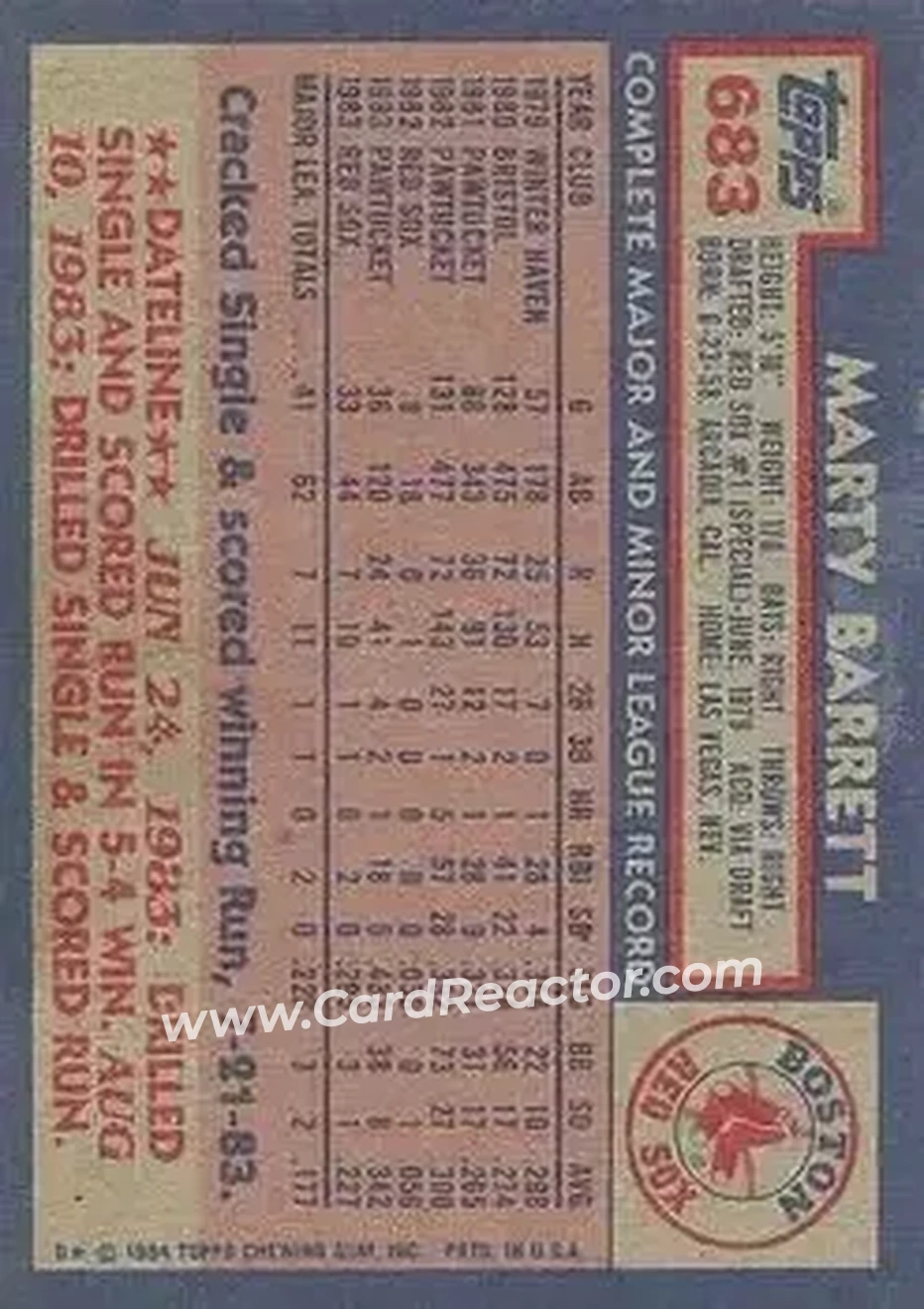 1984 Topps #683 - Marty Barrett - Boston Red Sox - Back