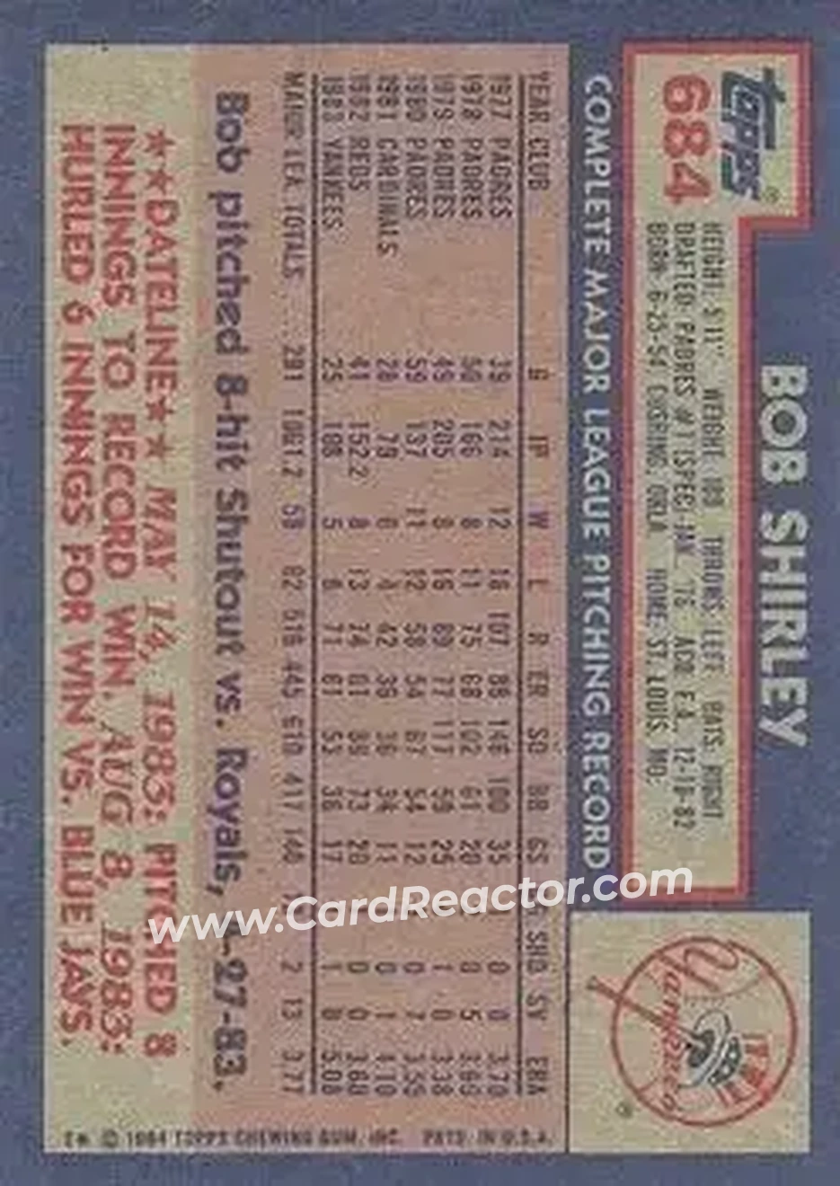 1984 Topps #684 - Bob Shirley - New York Yankees - Back