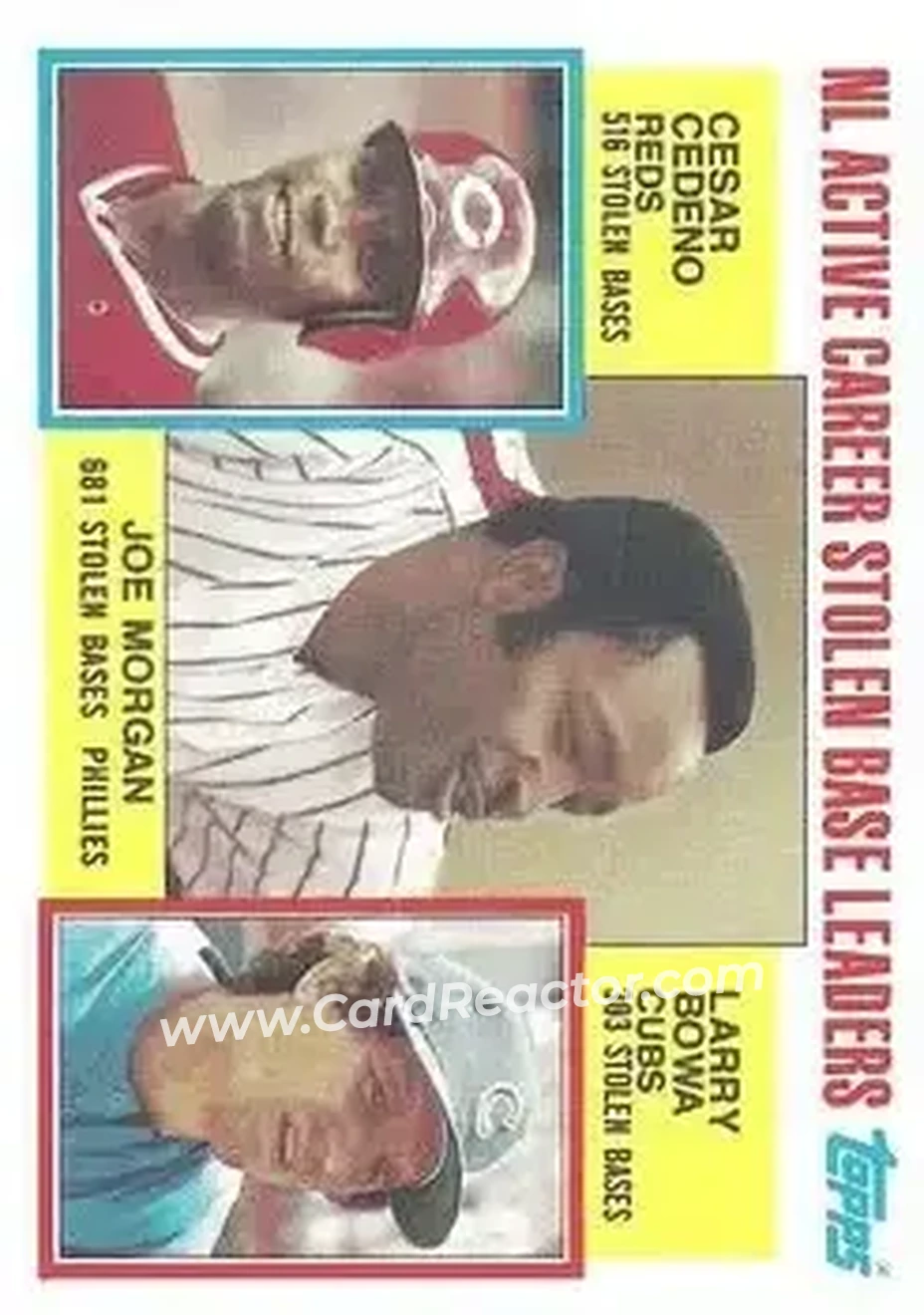 1984 Topps #705 - NL Active Career Stolen Base Leaders (Joe Morgan - Cesar Cedeno - Larry Bowa) ACL - Philadelphia Phillies - Cincinnati Reds - Chicago Cubs - Front