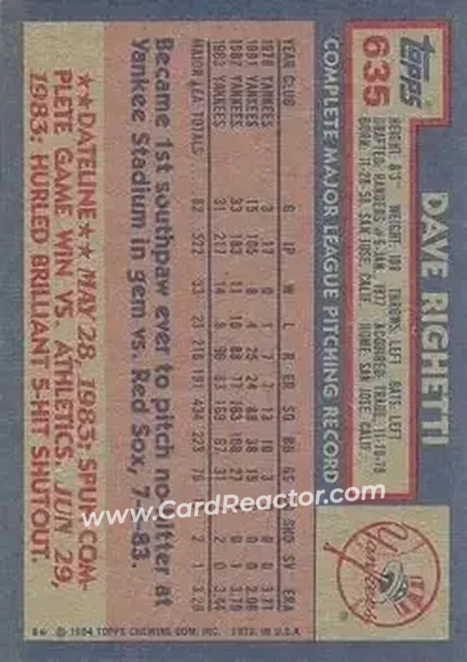 1984 Topps #635 - Dave Righetti - New York Yankees - Back