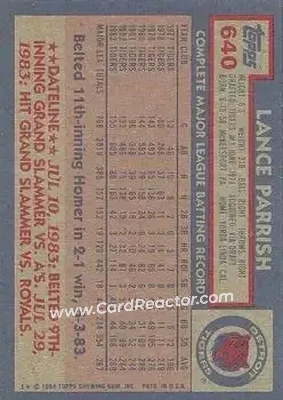 1984 Topps #640 - Lance Parrish - Detroit Tigers - Back