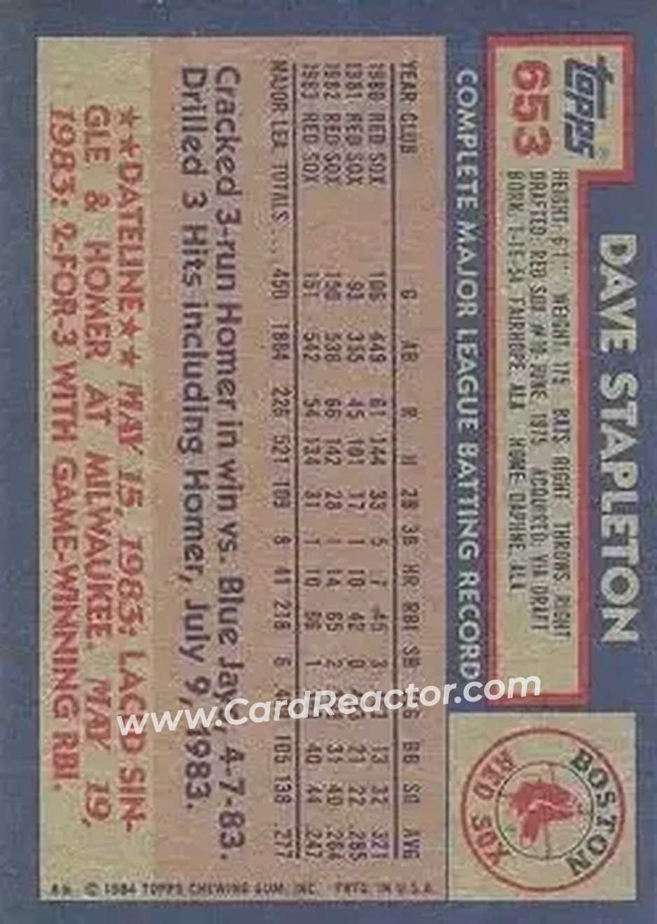 1984 Topps #653 - Dave Stapleton - Boston Red Sox - Back