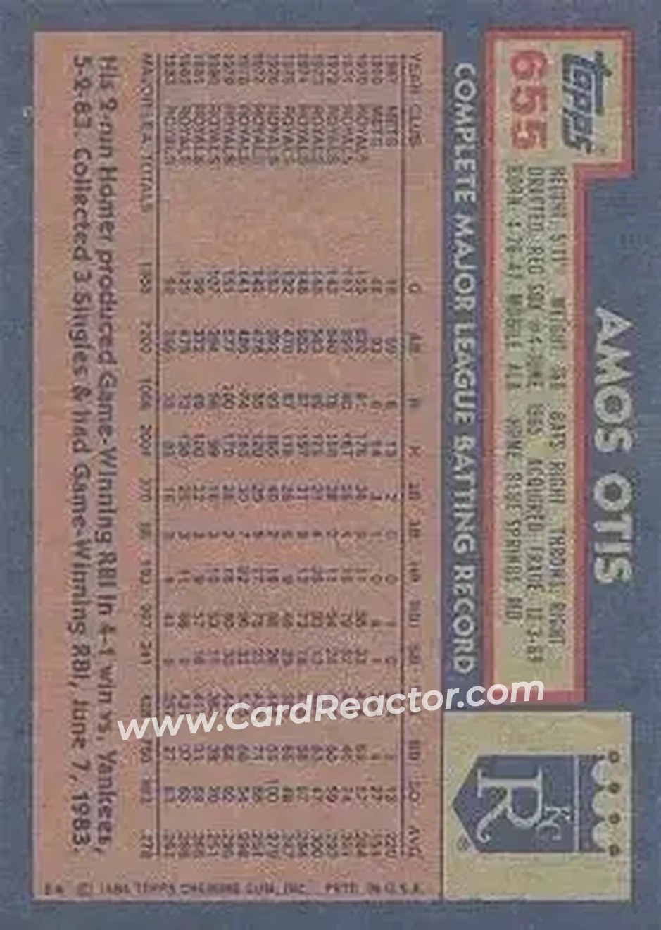1984 Topps #655 - Amos Otis - Kansas City Royals - Back