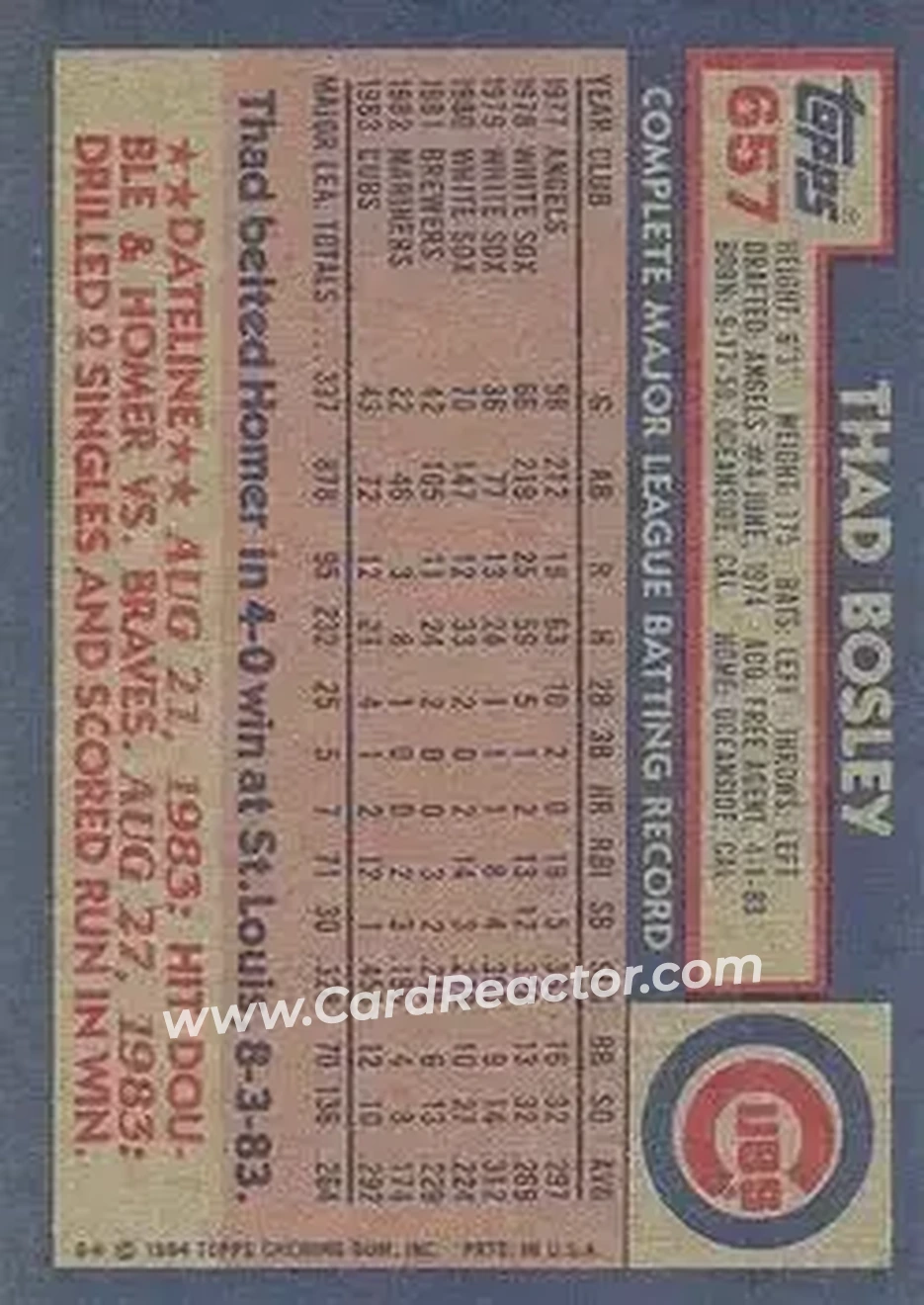 1984 Topps #657 - Thad Bosley - Chicago Cubs - Back
