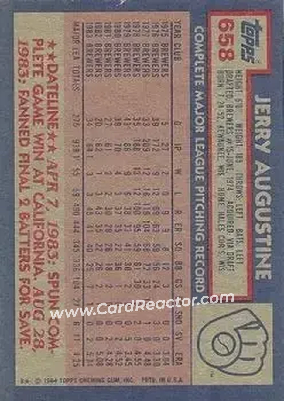 1984 Topps #658 - Jerry Augustine - Milwaukee Brewers - Back 1984 Topps #658 - Jerry Augustine - Milwaukee Brewers - Back