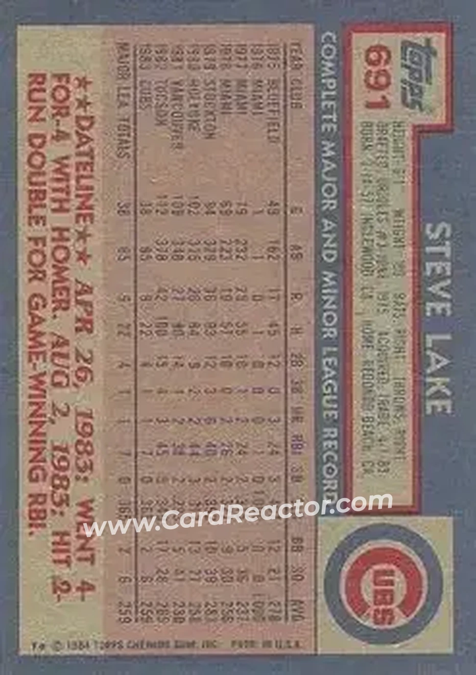 1984 Topps #691 - Steve Lake - Chicago Cubs - Back