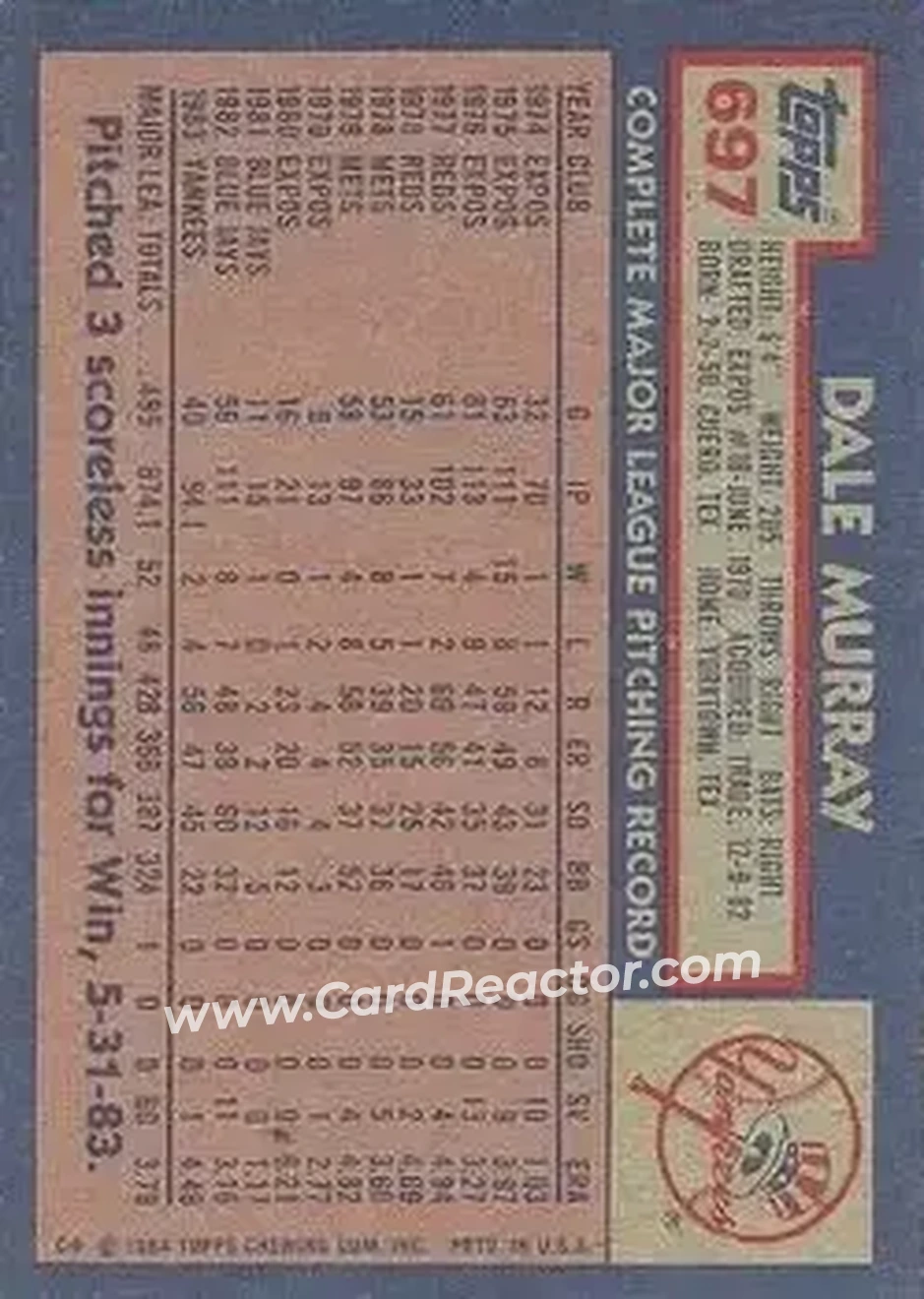 1984 Topps #697 - Dale Murray - New York Yankees - Back