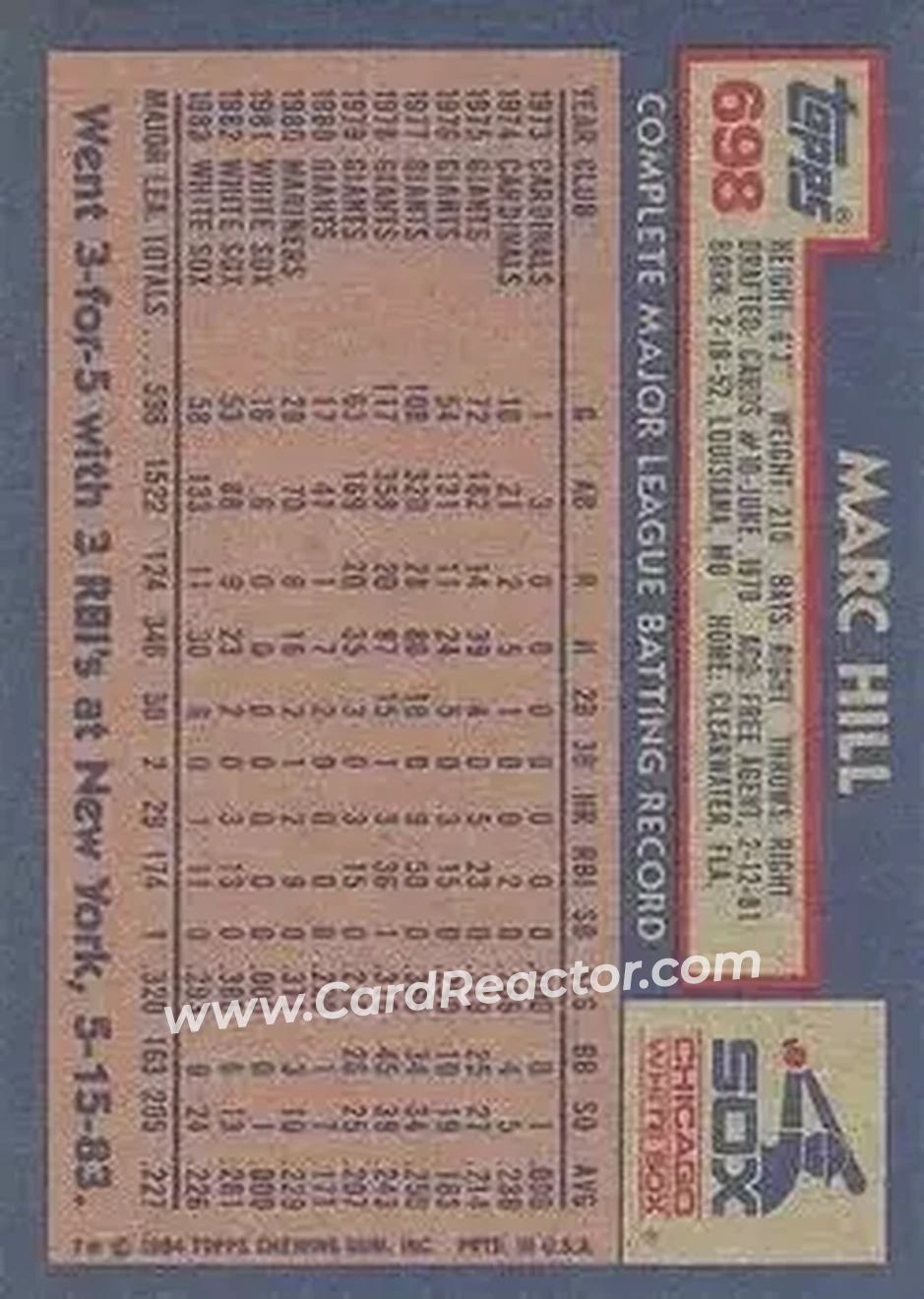 1984 Topps #698 - Marc Hill - Chicago White Sox - Back