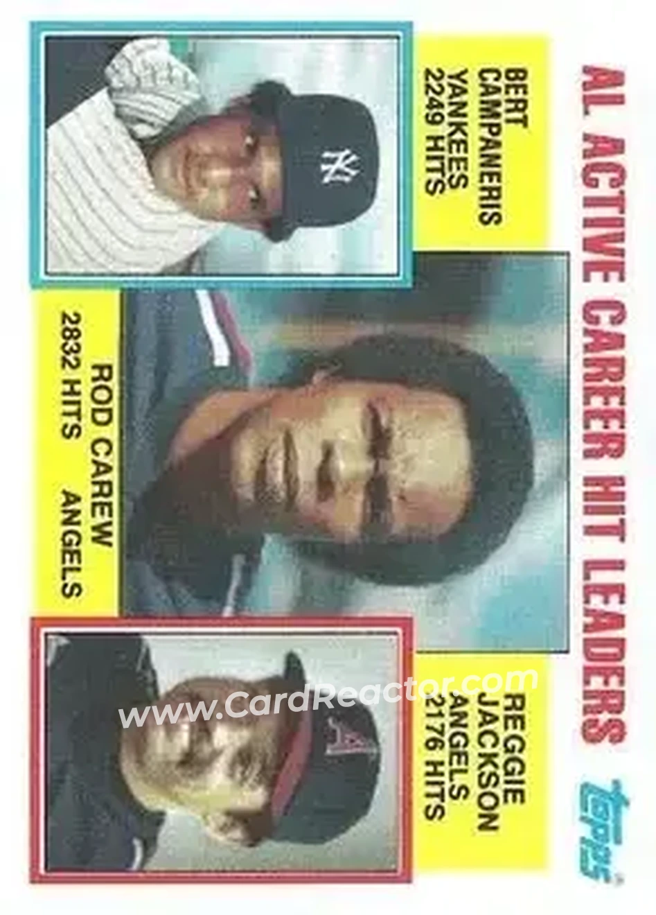 1984 Topps #711 - AL Active Career Hit Leaders (Rod Carew - Bert Campaneris - Reggie Jackson) ACL - California Angels - New York Yankees - Front