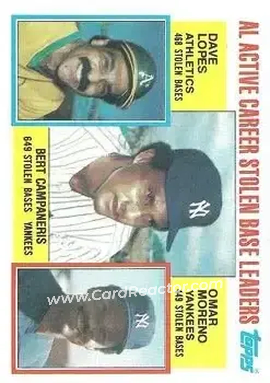 1984 Topps #714 - AL Active Career Stolen Base Leaders (Bert Campaneris - Dave Lopes - Omar Moreno) ACL - New York Yankees - Oakland Athletics - Front