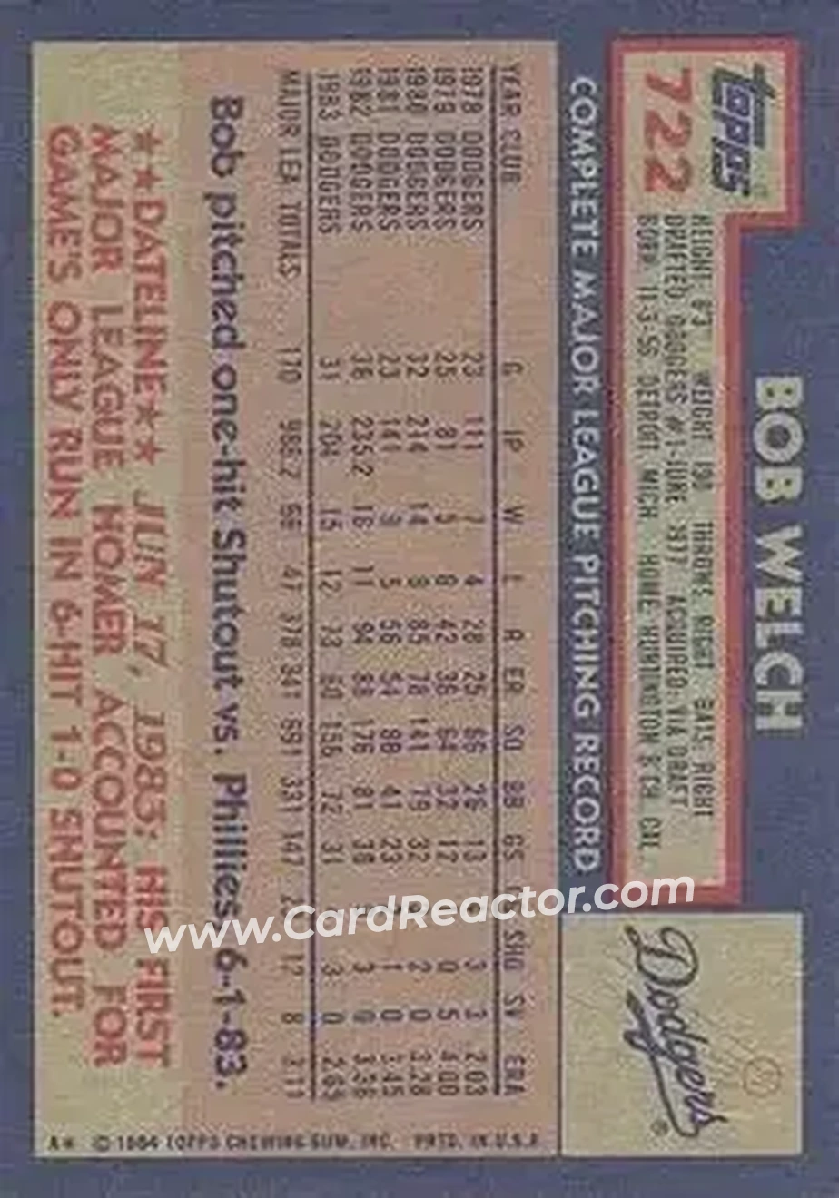 1984 Topps #722 - Bob Welch - Los Angeles Dodgers - Back